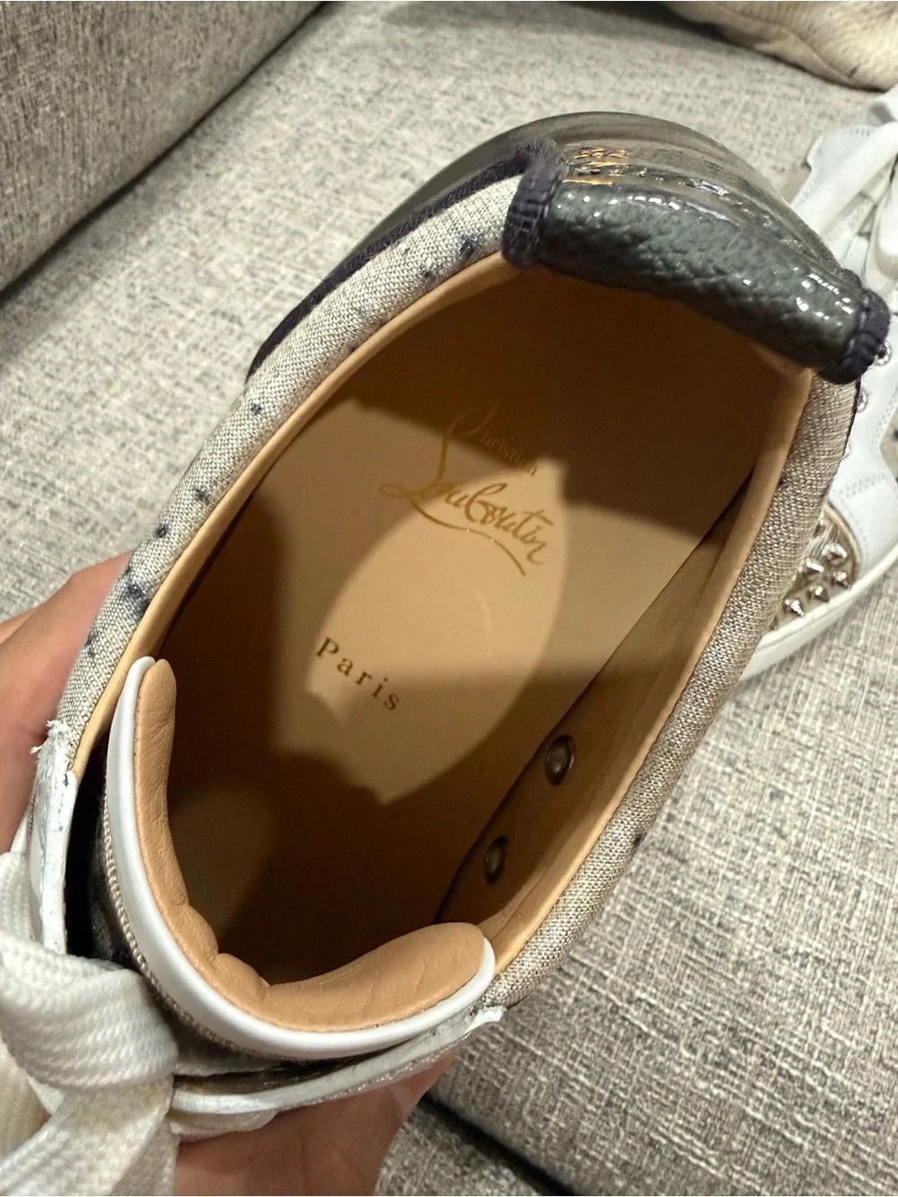 Christian Louboutin White and Silver Studded Low-Top Sneakers